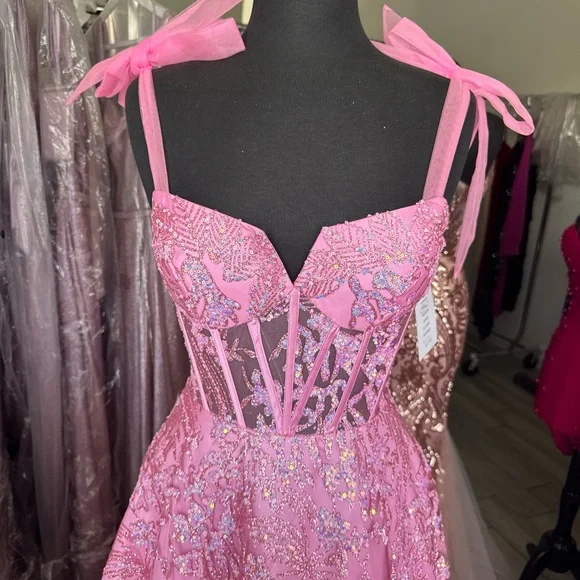 Pink Beaded Corset Dress with Bow Straps - Picture 1 of 7